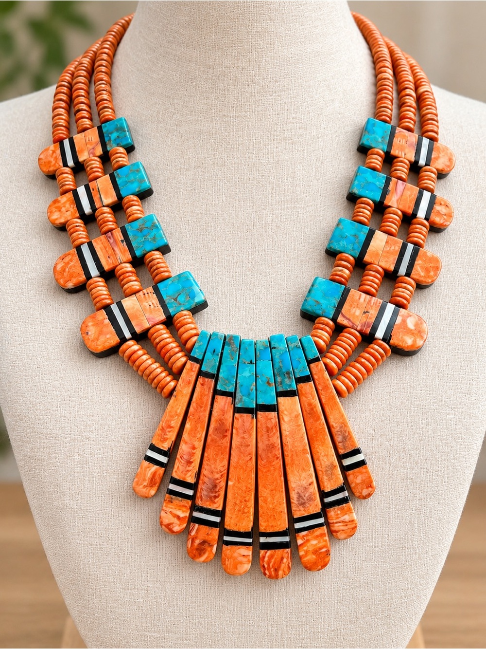 Three Strand Spiny Oyster Turquoise Mosaic Inlay Bib Necklace Delbert Crespin